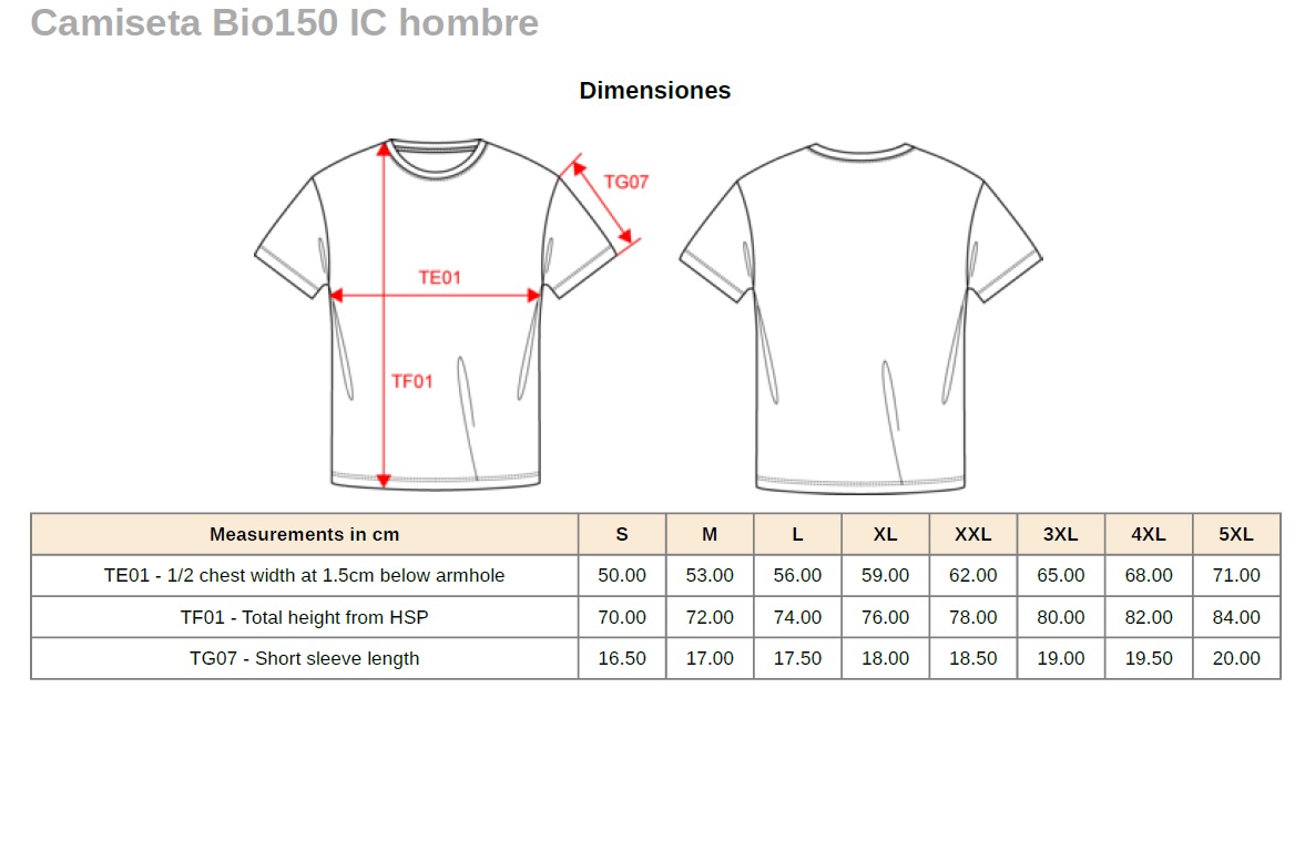 tallaje camiseta bio150